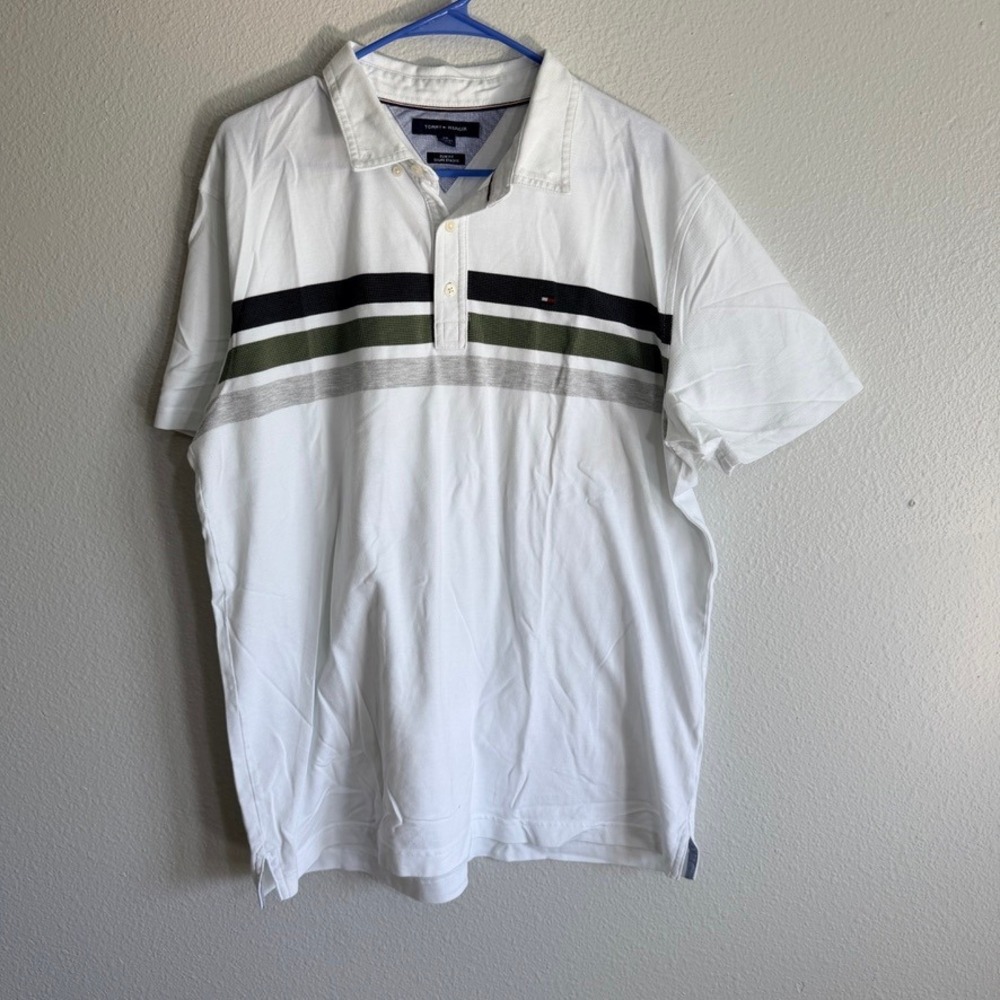 Tommy Hilfiger Mens XXL Slim Fit White Striped Cotton Pique Polo Shirt 78F0390